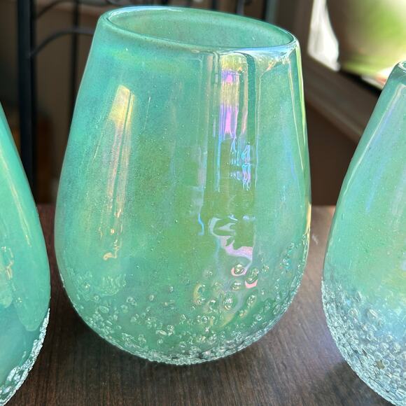 3 IRIDESCENT SEAGREEN Hard Glass WATERSCAPE VASE Candle Holder Handcrafted - Picture 7 of 10